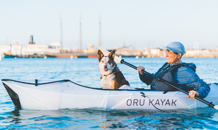 Mann mit Hund in Oru Kayak Inlet