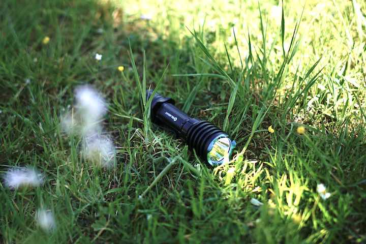 Olight Lampe liegt in Wiese und leuchtet Gras an