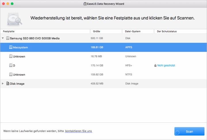 Screenshot der Auswahluebersicht der EaseUS Software