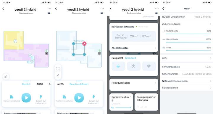 Screenshots der Yeedi App mit Karten und Zonen Abgrenzungen.001