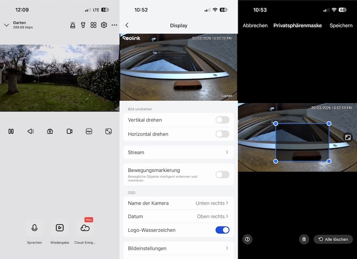 Reolink Solar Floodlight Cam: Flutlicht und Security Kamera App Screenshot mit Einstellungen und Kamerabild