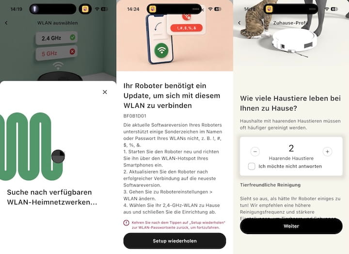 iRobot Roomba Plus 575 Combo im Test: Klein, gründlich, aber nicht perfekt App Screenshot Einrichtung Fehler