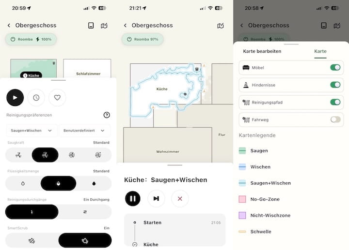 iRobot Roomba Plus 575 Combo im Test: Klein, gründlich, aber nicht perfekt App Screenshot Einstellungsmoeglichkeiten